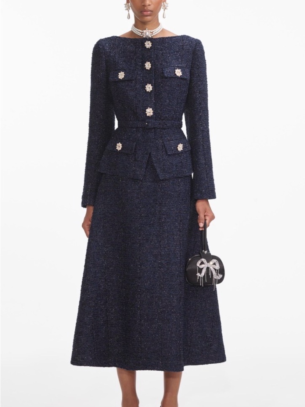Self-Portrait Navy Metallic Boucle Midi dress